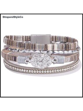 Boho Leather Wrap Bracelet Stackable Crystal Bangle Cuff Magnetic Clasp